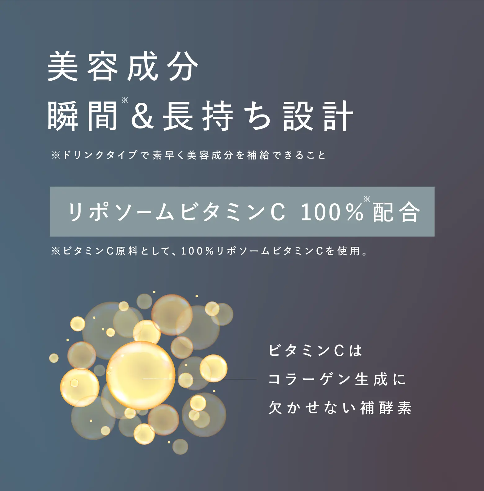 美容成分瞬間※&長持ち設計 ※ドリンクタイプで素早く美容成分を補給できること リポソームビタミンC 100%※配合 ※ビタミンC原料として、100%リポソームビタミンCを使用。 ビタミンCはコラーゲン生成に欠かせない補酵素