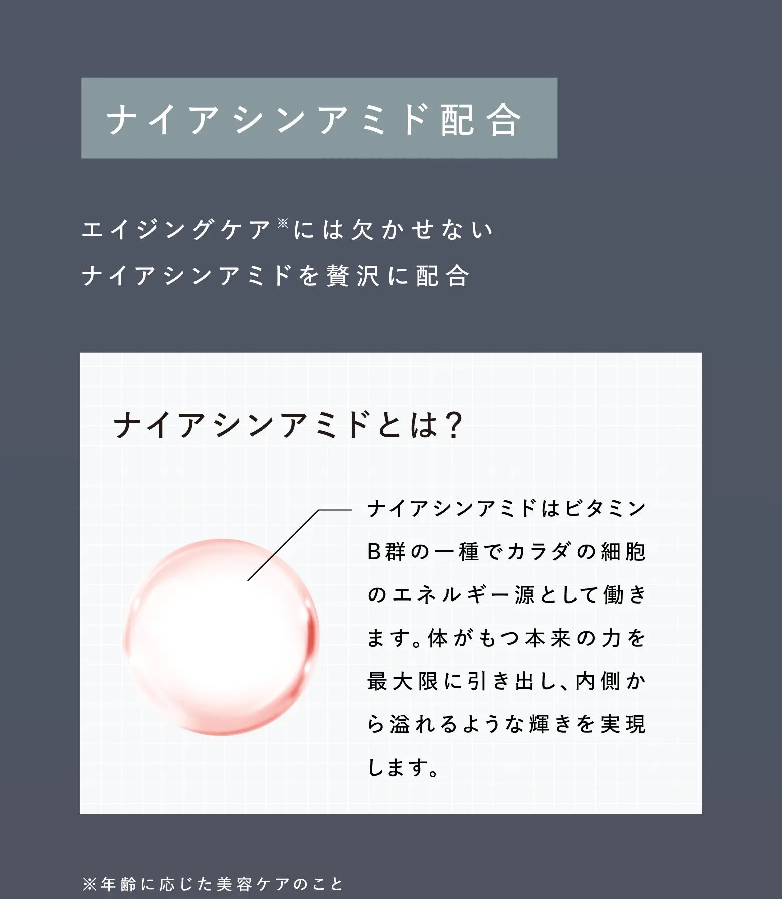 ナイアシンアミド配合 エイジングケア※には欠かせないナイアシンアミドを贅沢に配合 ナイアシンアミドとは? ナイアシンアミドはビタミンB群の一種でカラダの細胞のエネルギー源として働きます。体がもつ本来の力を最大限に引き出し、内側から溢れるような輝きを実現します。 ※年齢に応じた美容ケアのこと