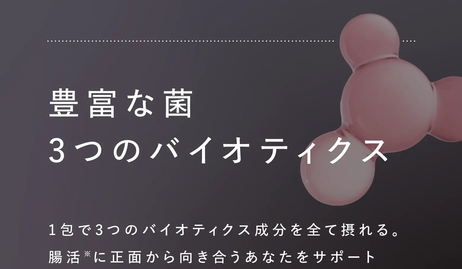 豊富な菌3つのバイオティクス 1包で3つのバイオティクス成分を全て摂れる。腸活※に正面から向き合うあなたをサポート