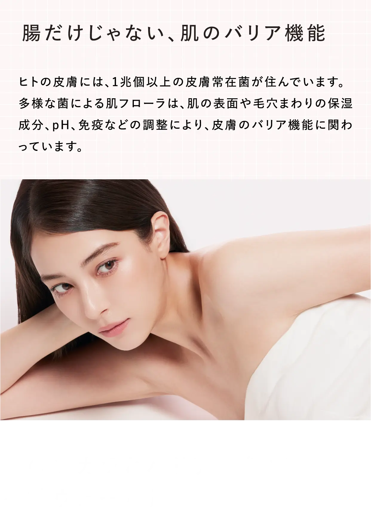 【腸だけじゃない、肌のバリア機能】ヒトの皮膚には、1兆個以上の皮膚常在菌が住んでいます。多様な菌による肌フローラは、肌の表面や毛穴まわりの保湿成分、pH、免疫などの調整により、皮膚のバリア機能に関わっています。菌のチカラとバリア機能で不動ヴェール肌を