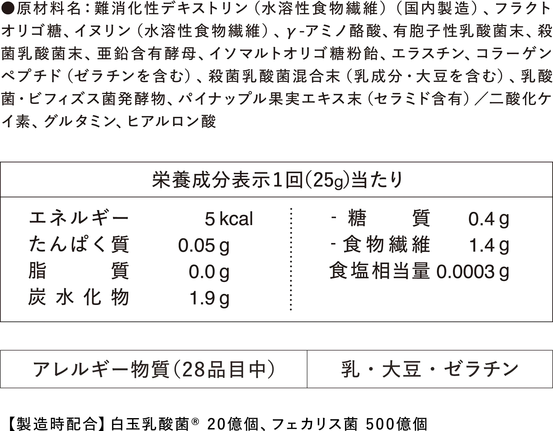 原材料・成分 アレルギー物質（28品目中）：乳・大豆・ゼラチン 【製造時配合】白玉乳酸菌® 20億個、フェカリス菌 500億個