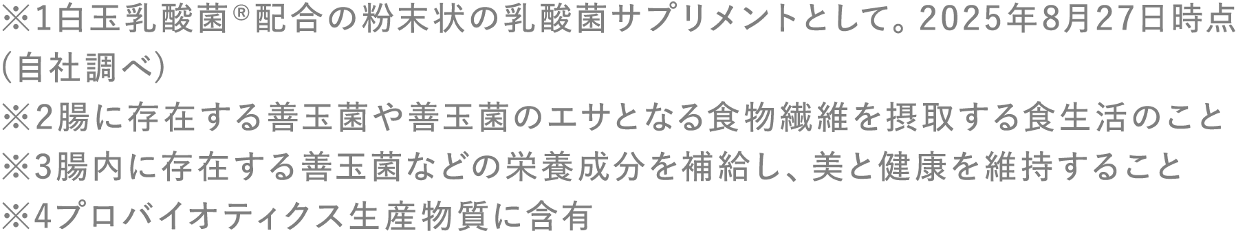 ※1白玉乳酸菌®配合の粉末状の乳酸菌サプリメントとして。2025年8月27日時点(自社調べ) ※2腸に存在する善玉菌や善玉菌のエサとなる食物繊維を摂取する食生活のこと ※3腸内に存在する善玉菌などの栄養成分を補給し、美と健康を維持すること ※4プロバイオティクス生産物質に含有