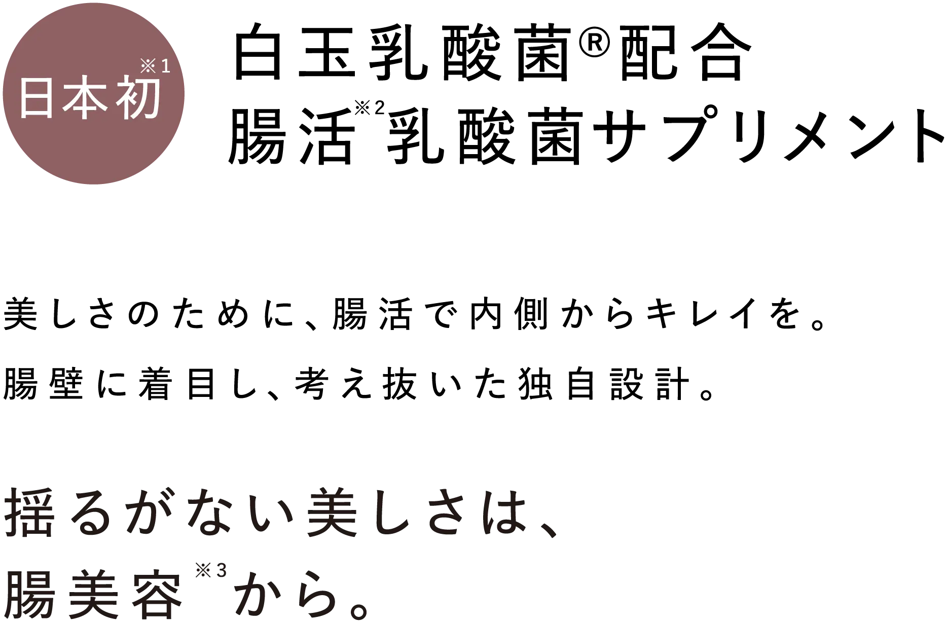 日本初※1 白玉乳酸菌®配合腸活※2乳酸菌サプリメント 美しさのために、腸活で内側からキレイを。腸壁に着目し、考え抜いた独自設計。 揺るがない美しさは、腸美容※3から。