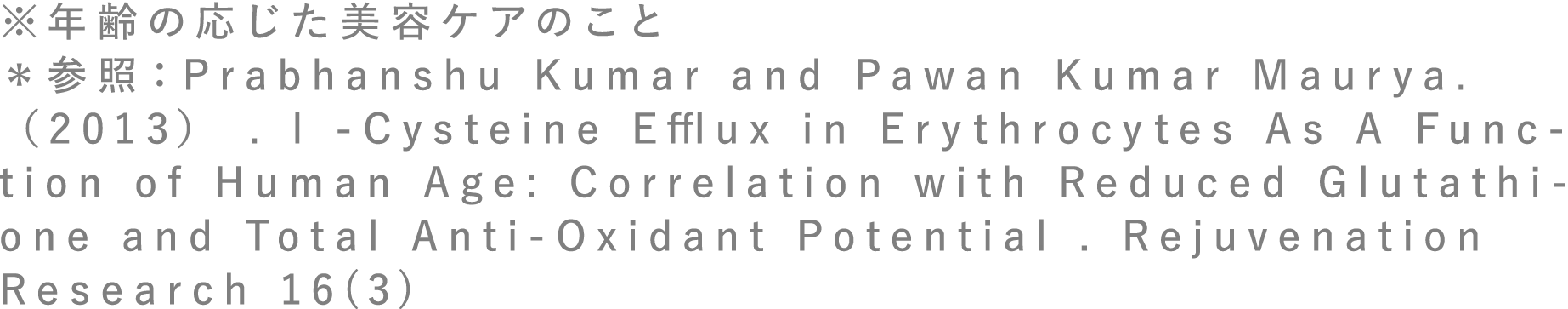 ※年齢の応じた美容ケアのこと *参照:Prabhanshu Kumar and Pawan Kumar Maurya.(2013) . l -Cysteine Efflux in Erythrocytes As A Function of Human Age: Correlation with Reduced Glutathione and Total Anti-Oxidant Potential . Rejuvenation Research 16(3)
