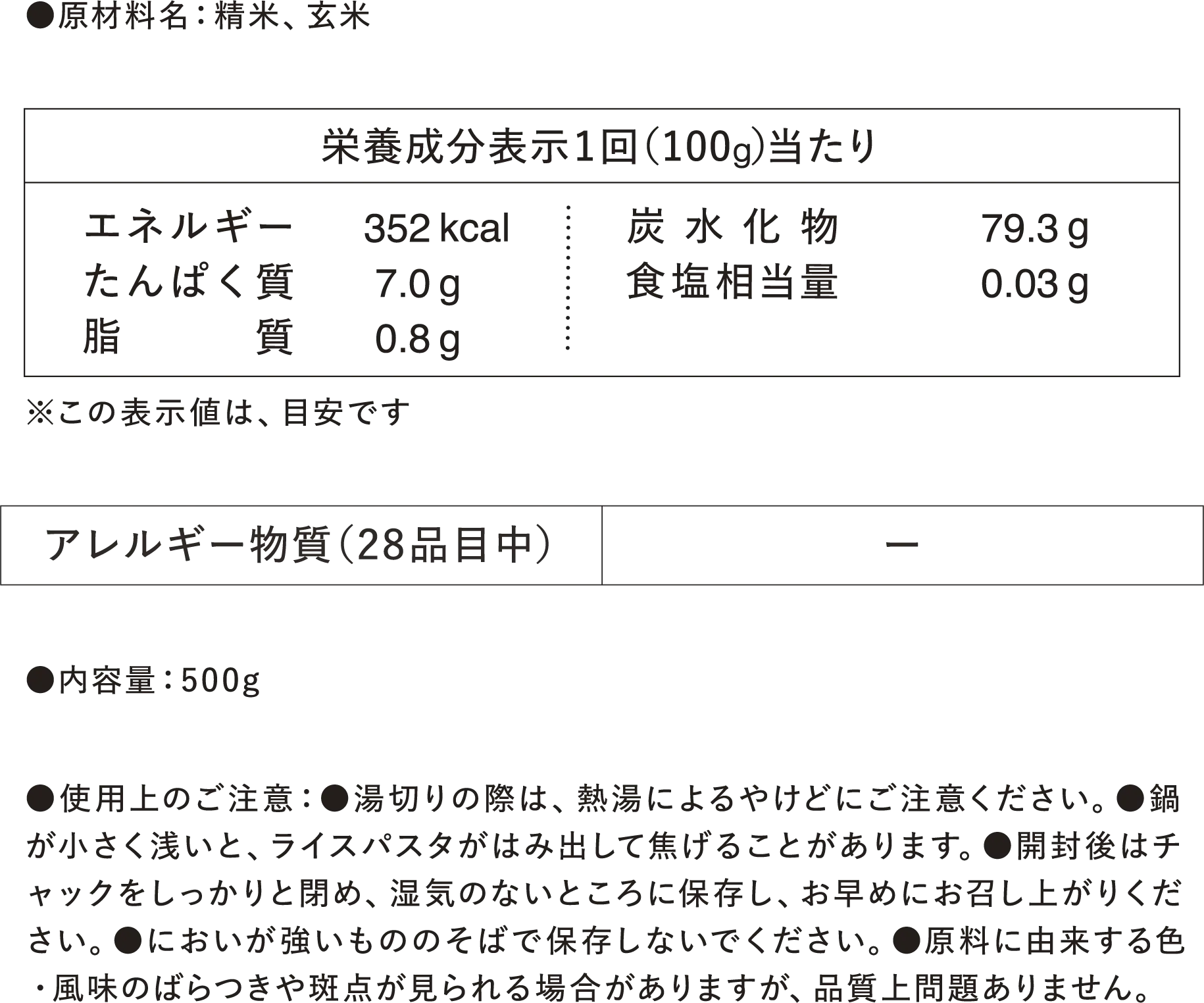 【栄養成分表示 1回（100g）当たり】エネルギー352kcal、たんぱく質7.0g、脂質0.8g 【アレルギー物質（28品目中）】- ●内容量：500g ●使用上のご注意：●湯切りの際は、熱湯によるやけどにご注意ください。●鍋が小さく浅いと、ライスパスタがはみ出して焦げることがあります。●開封後はチャックをしっかりと閉め、湿気のないところに保存し、お早めにお召し上がりください。●においが強いもののそばで保存しないでください。●原料に由来する色・風味のばらつきや斑点が見られる場合がありますが、品質上問題ありません。
