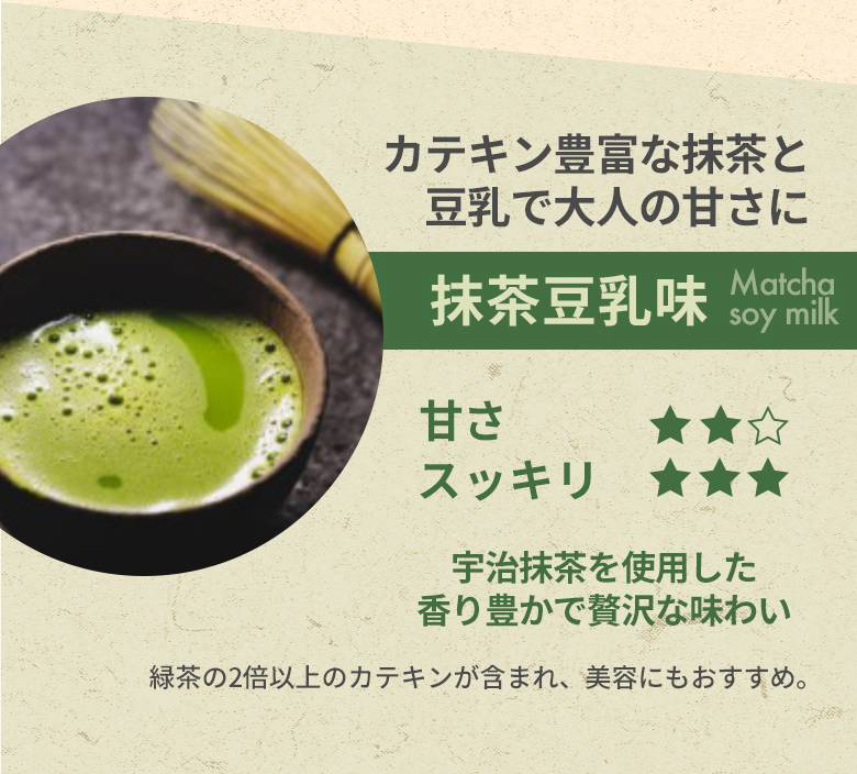 【カテキン豊富な抹茶と豆乳で大人の甘さに 抹茶豆乳味】宇治抹茶を使用した香り豊かで贅沢な味わい。緑茶の2倍以上のカテキンが含まれ、美容にもおすすめ。