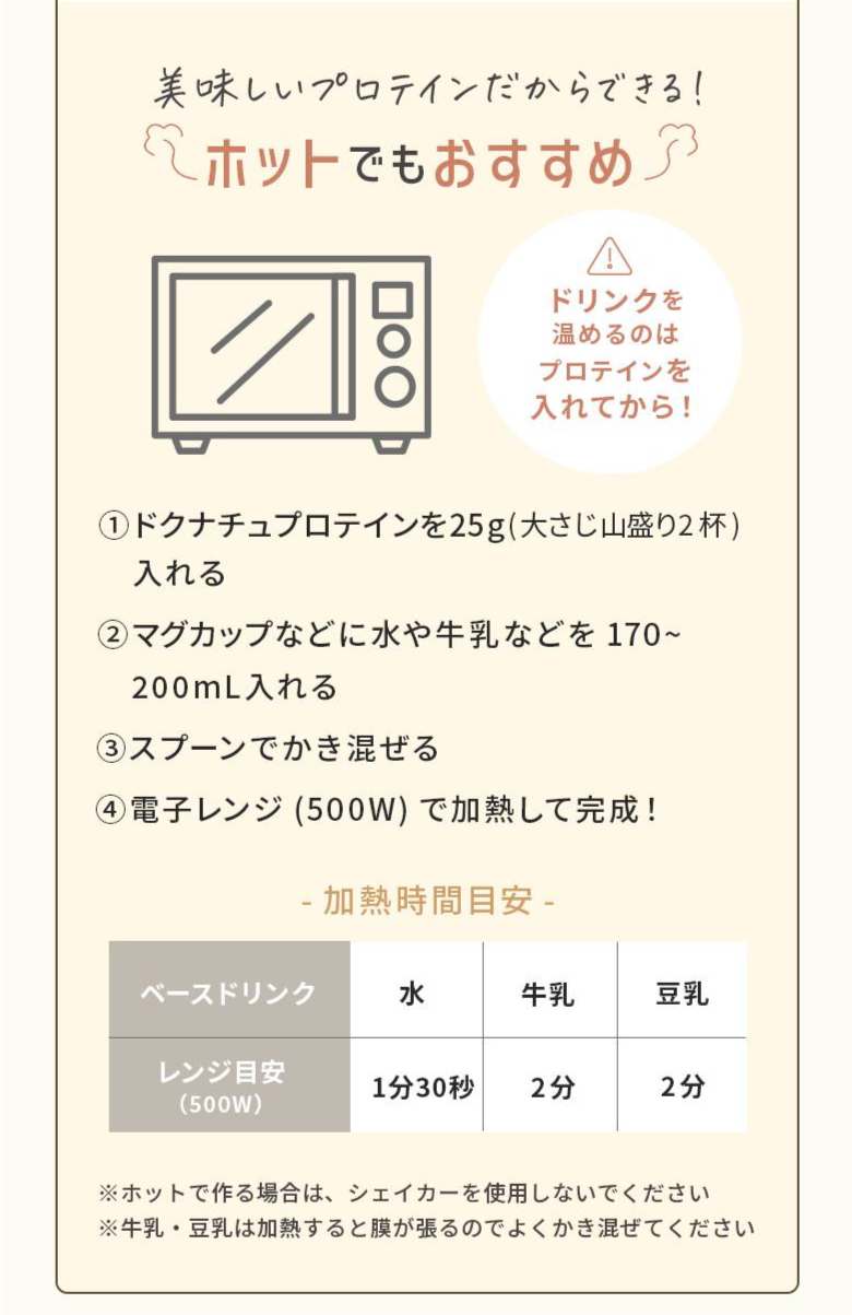 美味しいプロテインだからできる！ホットでもおすすめ ※ドリンクを温めるのはプロテインを入れてから！ ①ドクナチュプロテインを25g（大さじ山盛り2杯）入れる ②マグカップなどに水や牛乳などを170～200ml入れる ②スプーンでかき混ぜる ④電子レンジ（500W）で加熱して完成！ 加熱時間目安：水-1分30秒、牛乳-2分、豆乳2分 ※ホットで作る場合は、シェイカーを使用しないでください ※牛乳・豆乳は加熱すると膜が張るのでよくかき混ぜてください