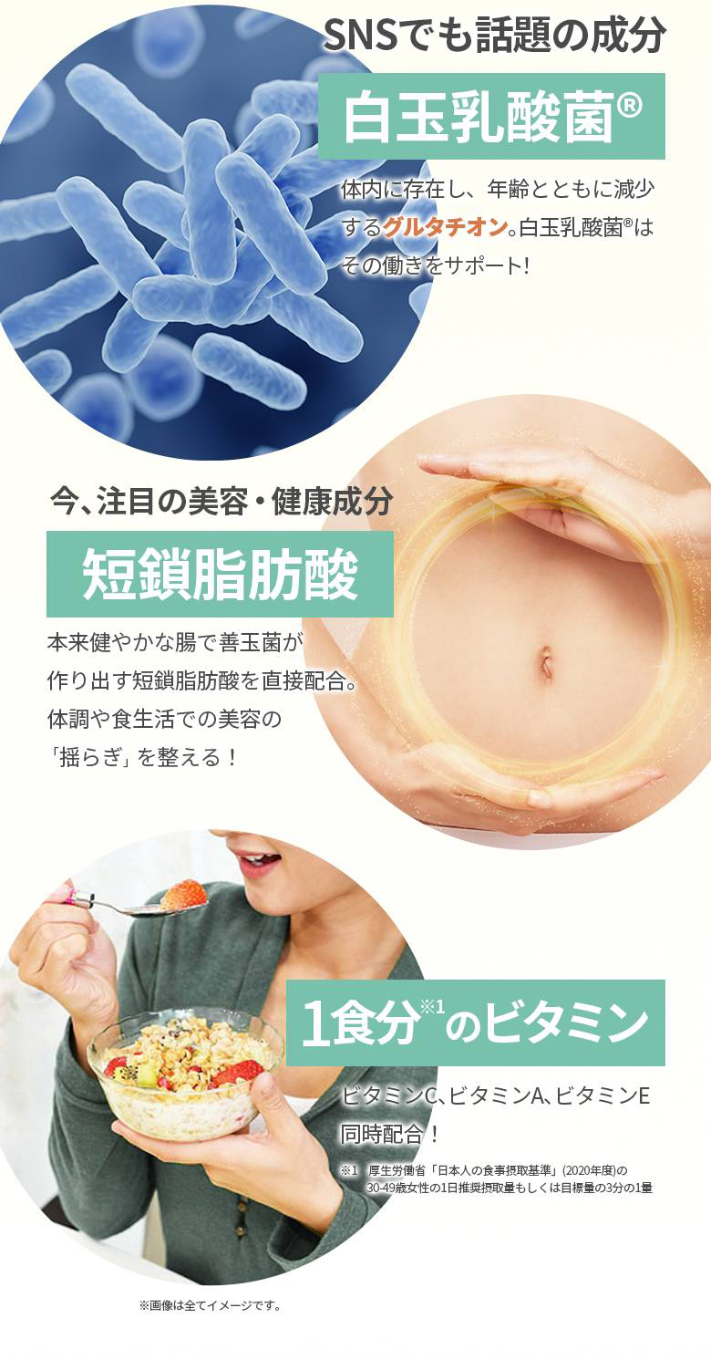【DNDでも話題の成分 白玉乳酸菌®】体内に存在し、年齢とともに現象するグルタチオン。白玉乳酸菌®はその働きをサポート！ 【今、注目の美容・健康成分 短鎖脂肪酸】本来健やかな腸で善玉菌が作り出す短鎖脂肪酸を直接配合。体調や食生活での美容の「揺らぎ」を整える！ 【1食分※1のビタミン】ビタミンC、ビタミンA、ビタミンE同時配合！（※1：厚生労働省「日本人の食事摂取基準」（2020年度）の30-49際女性の1日の推奨摂取量もしくは目標量の3分の1量）