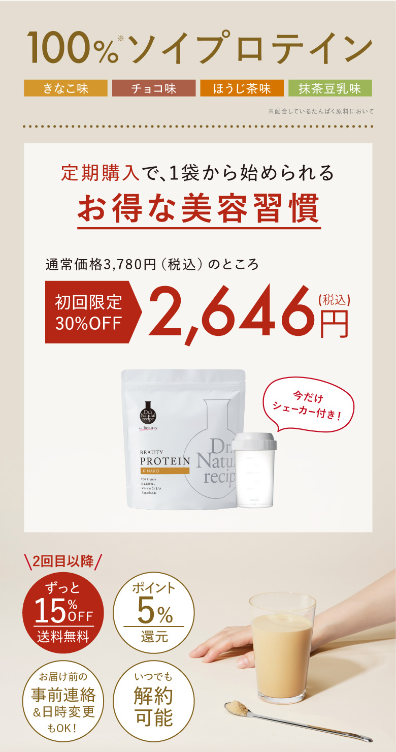 100%※ソイプロテイン ※配合しているたんぱく原料において きなこ味、チョコ味、ほうじ茶味、抹茶豆乳味 定期購入で、1袋から始められるお得な美容習慣 通常価格3,780円（税込）のところ【初回限定30%OFF】2,646円（税込）今だけシェイカー付き! 2回目以降ずっと15%OFF、送料無料 ポイント5%還元 お届け前の事前連絡&日時変更もOK! いつでも解約可能 ※2回目以降は、通常の2個セット価格7,560円（税込）より15%OFFの6,426円（税込）でお届けとなります。※マイページより味の変更も可能です。※購入回数制限はありません。 定期購入はこちらから 