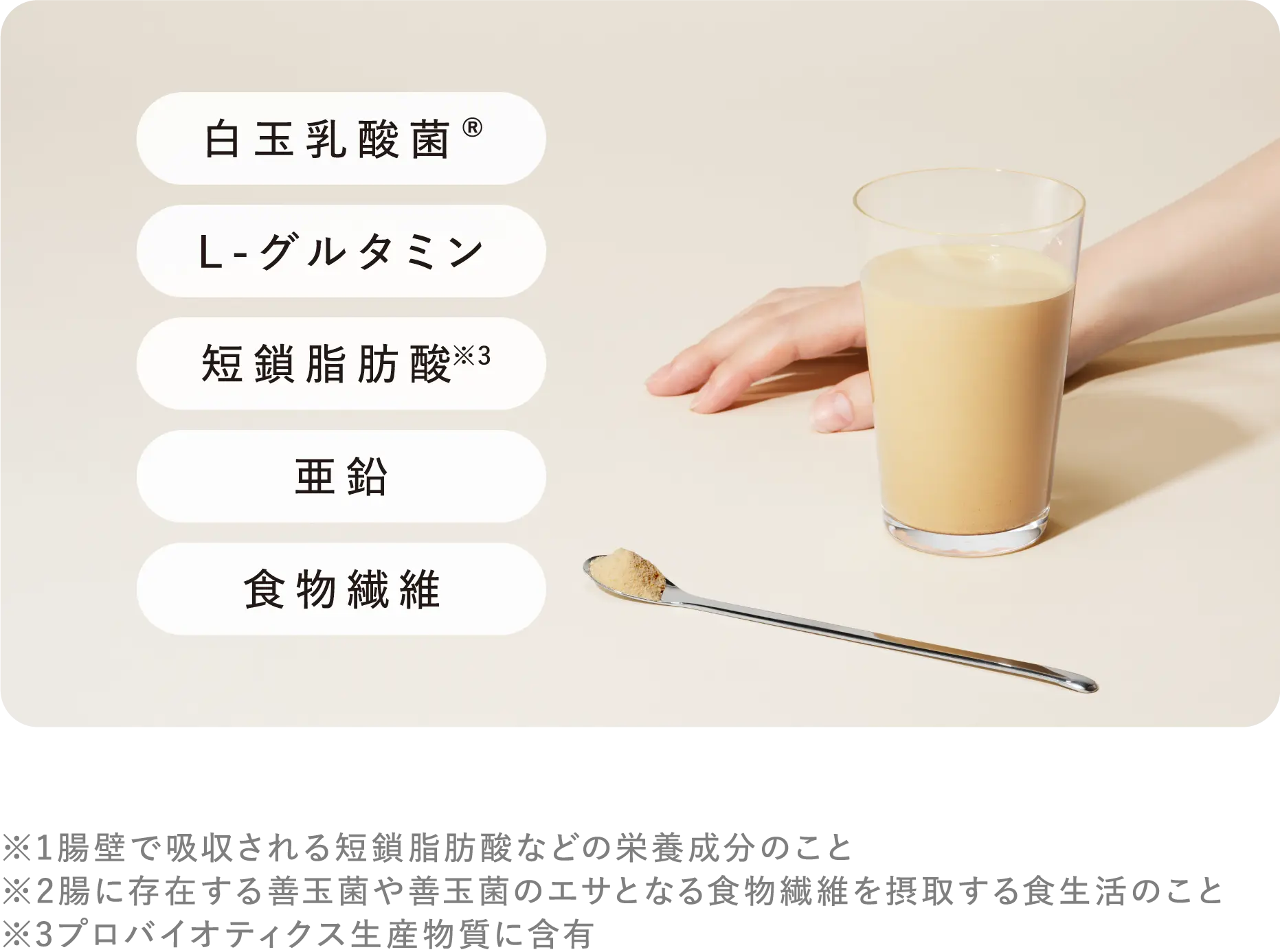 白玉乳酸菌®,L-グルタミン,短鎖脂肪酸※3,亜鉛,食物繊維 ※1腸壁で吸収される短鎖脂肪酸などの栄養成分のこと ※2腸に存在する善玉菌や善玉菌のエサとなる食物繊維を摂取する食生活のこと ※3プロバイオティクス生産物質に含有