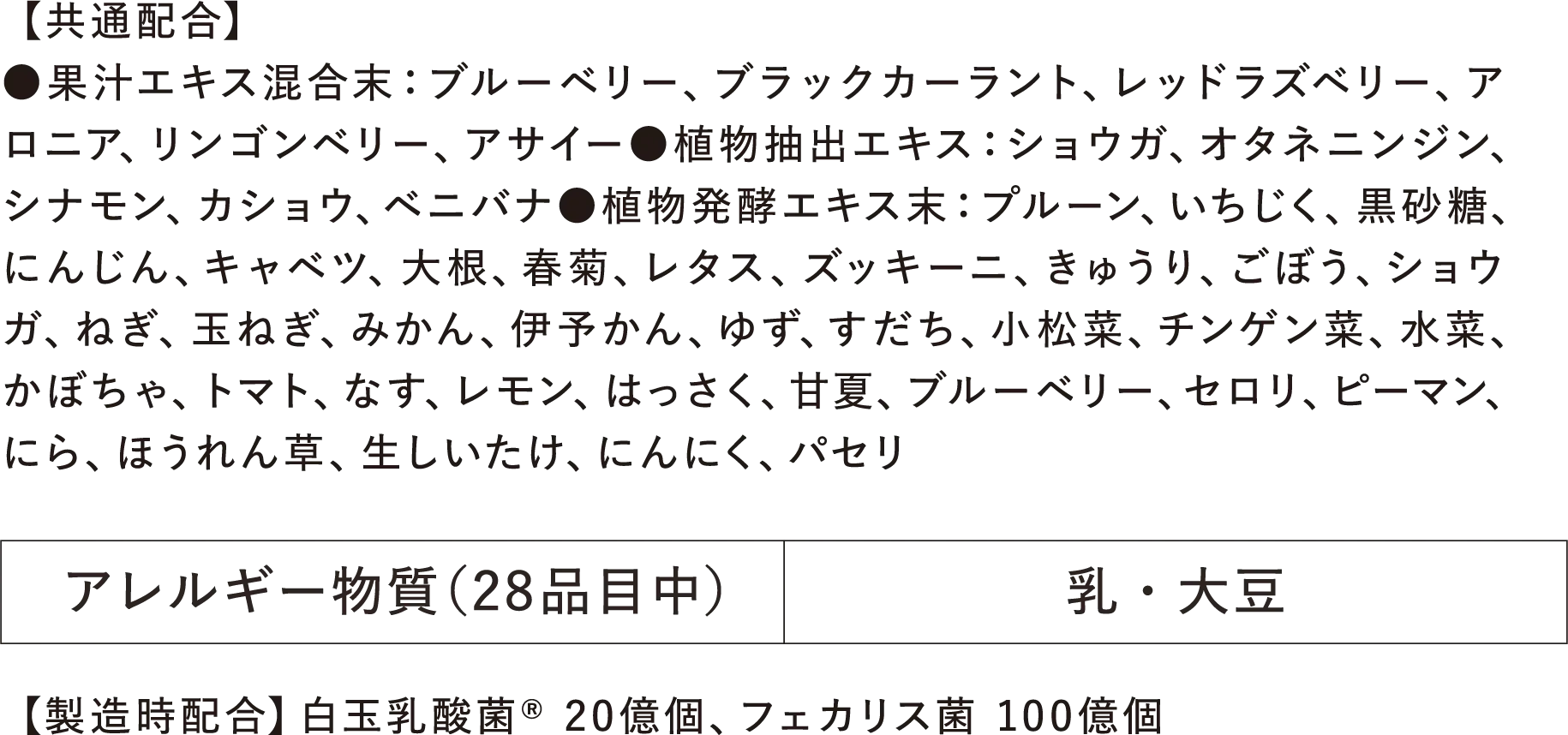 原材料・成分【共通配合】 アレルギー物質:乳・大豆 【製造時配合】白玉乳酸菌® 20億個、フェカリス菌 100億個