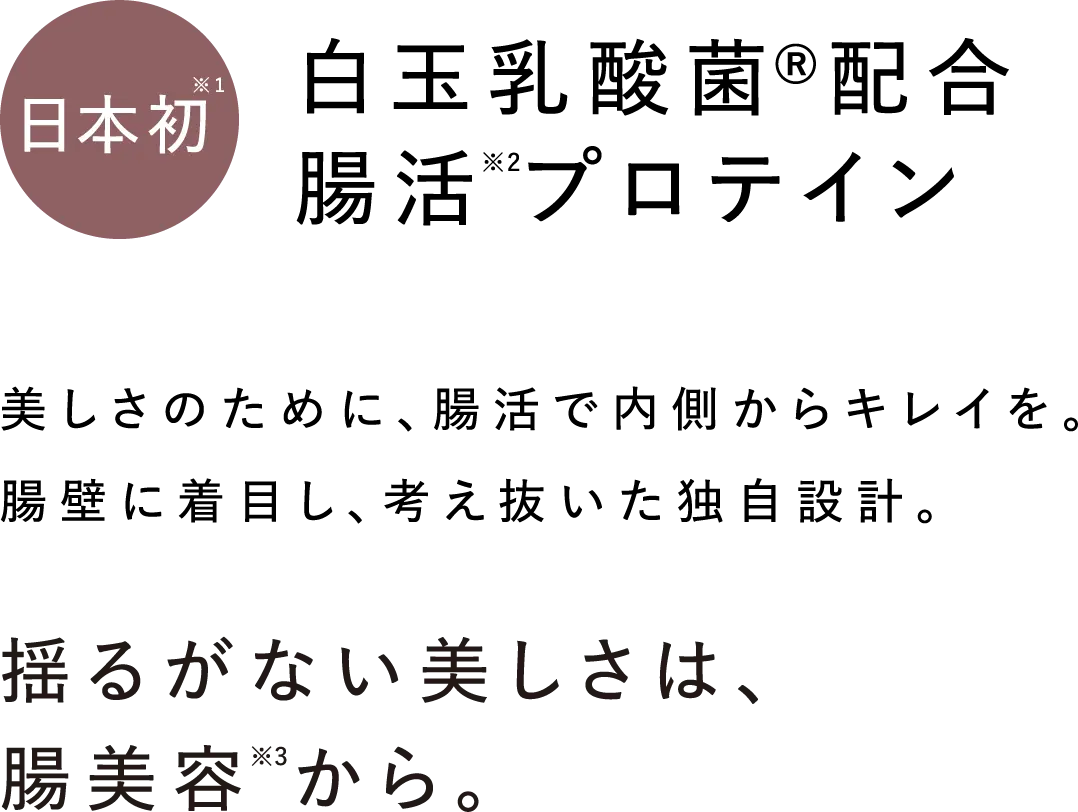 日本初※1 白玉乳酸菌®配合腸活※2プロテイン 美しさのために、腸活で内側からキレイを。腸壁に着目し、考え抜いた独自設計。 揺るがない美しさは、腸美容※3から。