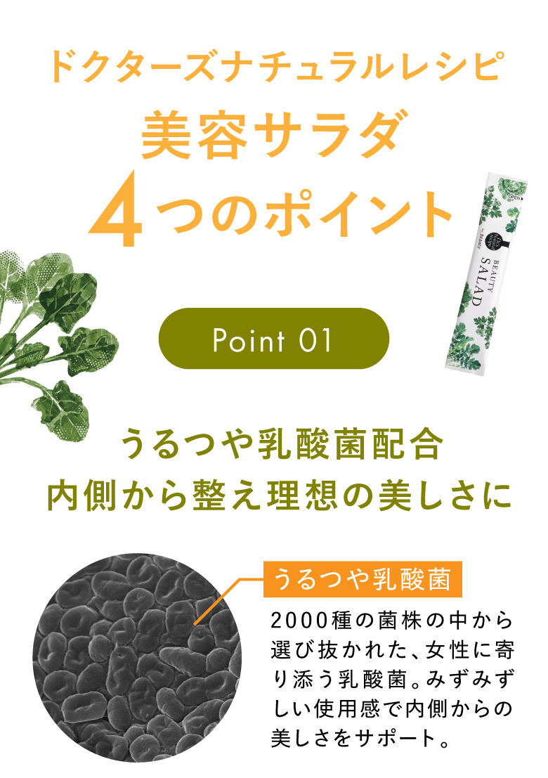 ドクターズナチュラルレシピ美容サラダ4つのポイント Point01 うるつや乳酸菌配合 内側から整え理想の美しさに 2000種の菌株の中から選び抜かれた、女性に寄り添う乳酸菌。みずみずしい使用感で内側からの美しさをサポート。