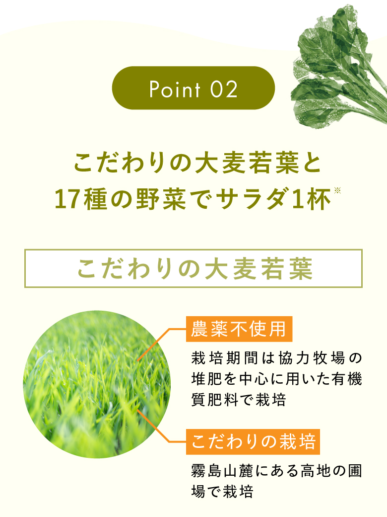 Point02 こだわりの大麦若葉と17種の野菜でサラダ1杯※ こだわりの大麦若葉 農薬不使用 栽培期間は協力牧場の堆肥を中心に用いた有機質肥料で栽培 こだわりの栽培 霧島山麓にある高地の圃場で栽培