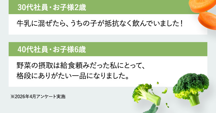 30代社員・お子様2歳 牛乳に混ぜたら、うちの子が抵抗なく飲んでいました！ 40代社員・お子様6歳 野菜の摂取は給食頼みだった私にとって、格段にありがたい一品になりました。 ※2026年4月アンケート実施