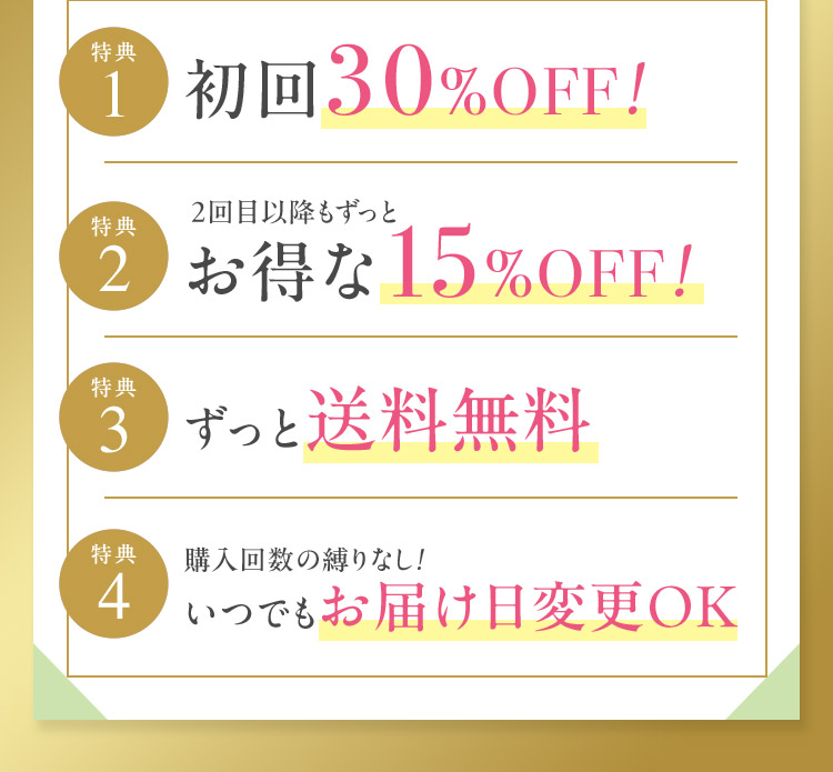 特典1 初回30％OFF！ 特典2 2回目以降もずっとお得な15％OFF！ 特典3 ずっと送料無料 特典4 購入回数の縛りなし！いつでもお届け日変更OK