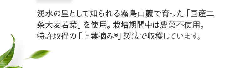 湧水の里として知られる霧島山麓で育った「国産二条大麦若葉」を使用。栽培期間中は農薬不使用。特許取得の「上葉摘み（R）」製法で収穫しています。