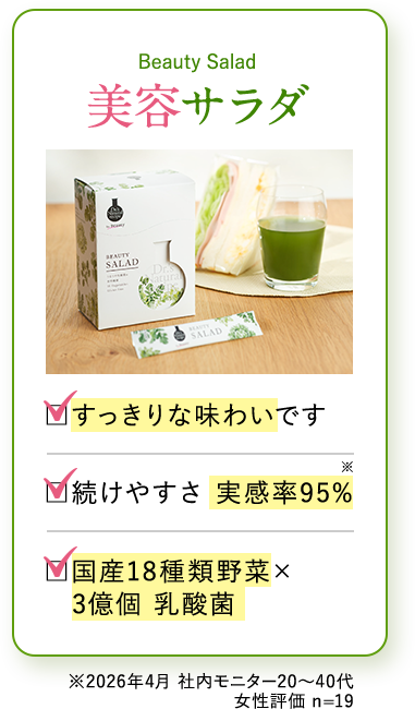 Beauty Salad 美容サラダ すっきりな味わいです 続けやすさ 実感率95％※ 国産18種類野菜×3億個 乳酸菌 ※2026年4月 社内モニター20から40代女性評価 n=19