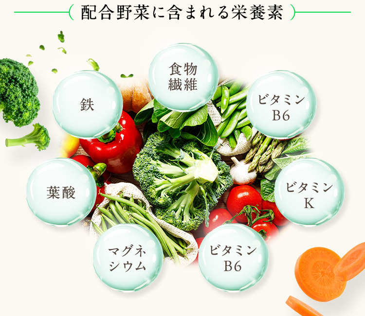 配合野菜に含まれる栄養素 食物繊維 鉄 ビタミンB6 葉酸 ビタミンK マグネシウム ビタミンB6