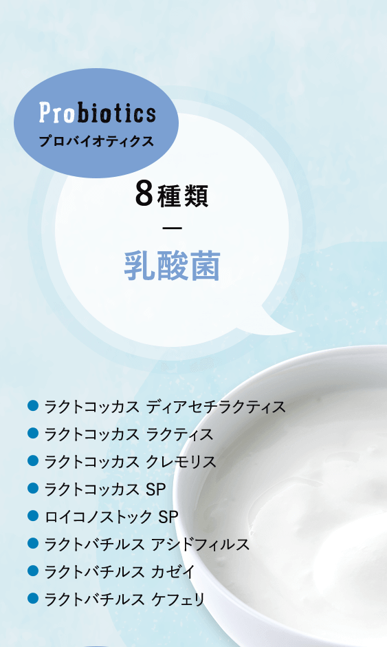プロバイオティクス 8種類 乳酸菌 ラクトコッカス ディアセチラクティス。ラクトコッカス ラクティス。ラクトコッカス クレモリス。ラクトコッカス SP。ロイコノストック SP。ラクトバチルス アシドフィルス。ラクトバチルス カゼイ。ラクトバチルス ケフェリ