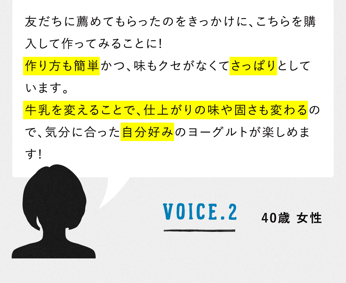 VOICE.2 40歳 女性 友だちに薦めてもらったのをきっかけに、こちらを購入して作ってみることに!作り方も簡単かつ、味もクセがなくてさっぱりとしています。牛乳を変えることで、仕上がりの味や固さも変わるので、気分に合った自分好みのヨーグルトが楽しめます!
