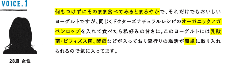 VOICE.1 28歳 女性 何もつけずにそのまま食べてみるとまろやかで、それだけでもおいしいヨーグルトですが、同じくドクターズナチュラルレシピのオーガニックアガベシロップを入れて食べたら私好みの甘さに。このヨーグルトには乳酸菌・ビフィズス菌、酵母などが入っており流行りの腸活が簡単に取り入れられるので気に入ってます。
